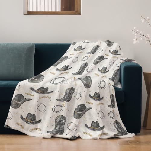 Western Cowboy Blanket Lightweight Blankets Gifts for Women Flannel Throw with Black Hat, Boot and Rope Printed for Sofa, Bed, Travel, Picnic, Camping, Office, Rustic Decor Throws 60x50 Inch - Image 4
