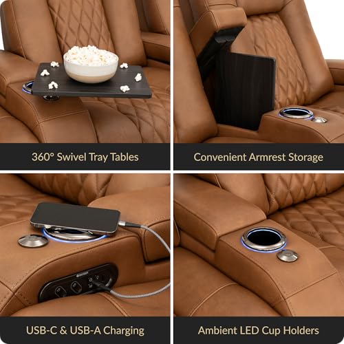Image of Seatcraft Diamante Tawny Italian Leather Home Theater Seating, Zero Gravity Power Recliner Gaming and Home Office Chair, Powered Headrest Lounge Sofa Furniture for Cinema Room, Row of 5 Dual Loveseats