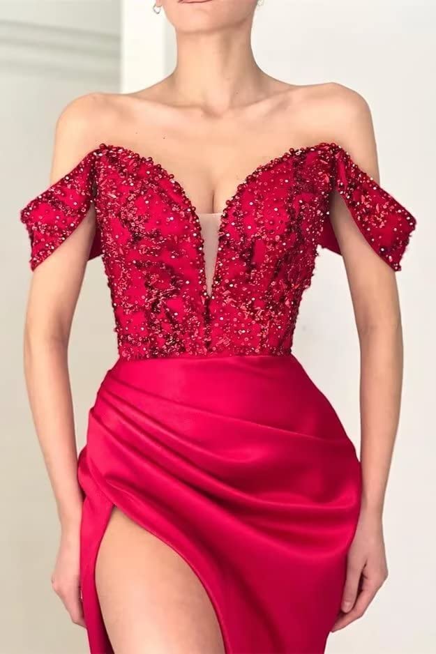 Off Shoulder Prom Dresses 2023 Mermaid V Neck Sequin Long High Split for Women Formal Evening Party Gowns Wrap Satin Train3