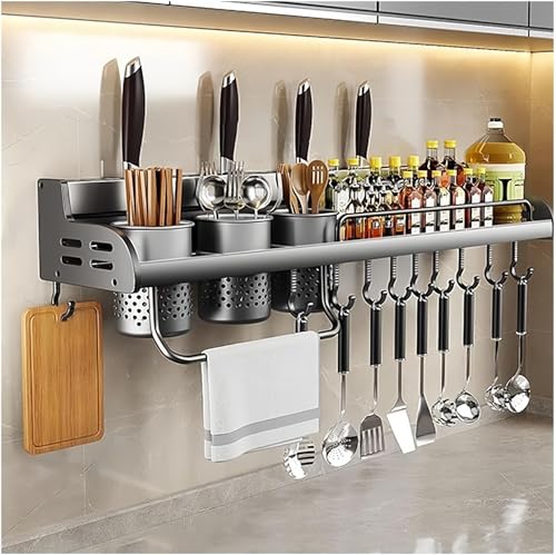Organizador de cocina montado en la pared, ganchos ajustables para utensilios, toallas y cuchillos, solución que ahorra espacio para cocinar sin desorden