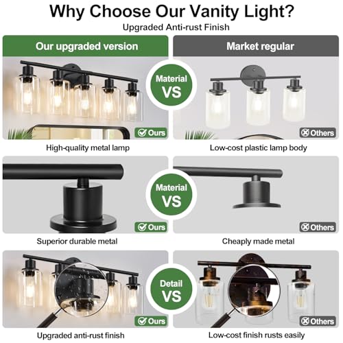5-Light Bathroom Light Fixtures, Black Modern Vanity Lights with Clear Glass Shade, Bathroom Wall Lamp for Mirror Kitchen Living Room Hallway Cabinet Porch