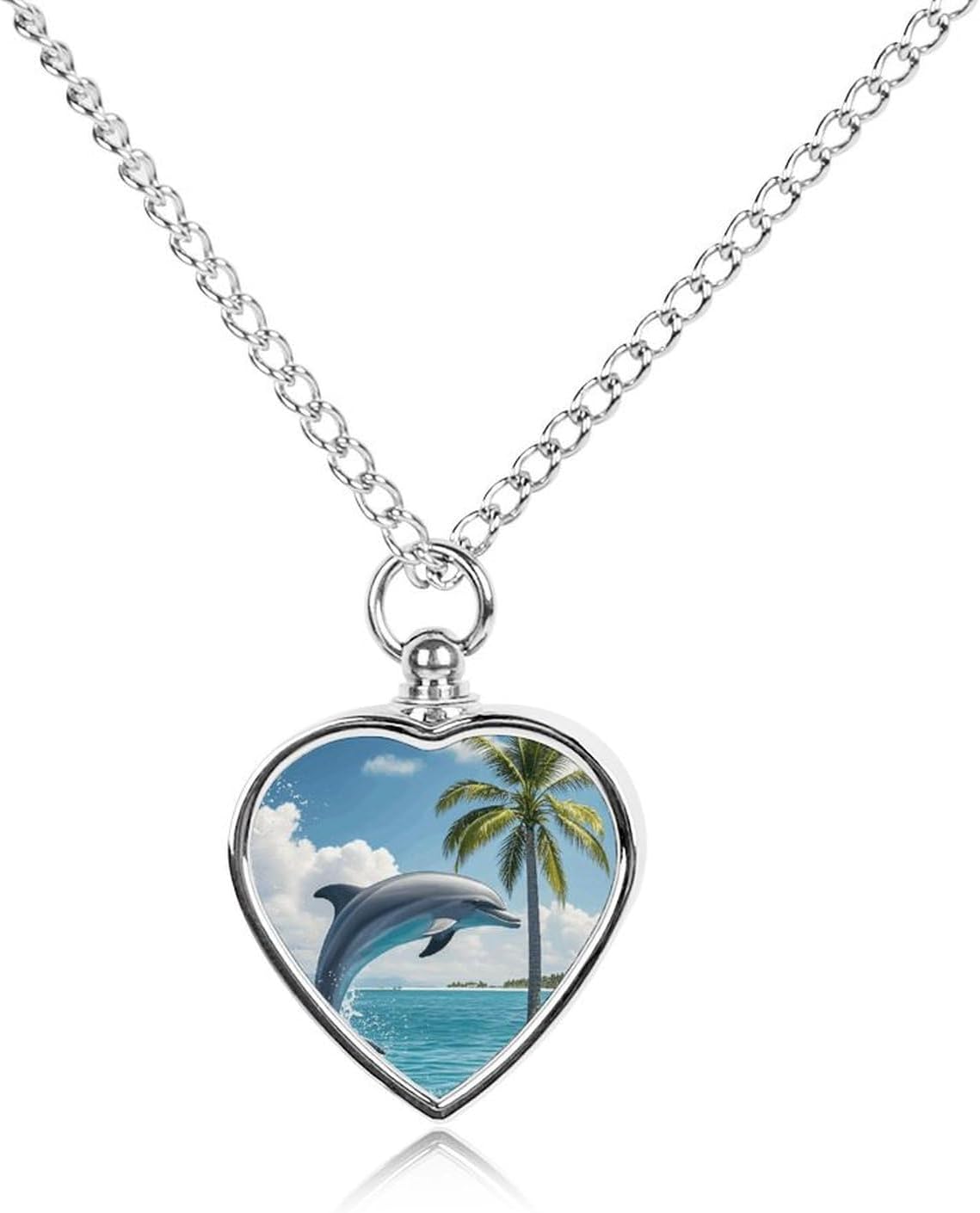 Dolphins And Palm Trees Cremation Heart Pet Ashes Necklace