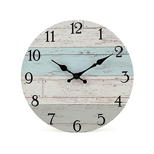 Silent Non-Ticking Wooden Decorative Round Wall Clock Quality Quartz Battery Operated Wall Clocks Vintage Rustic Country Tuscan Style Wooden Home Decor Round Wall Clock (12Inch, Coastal Worn Blue )