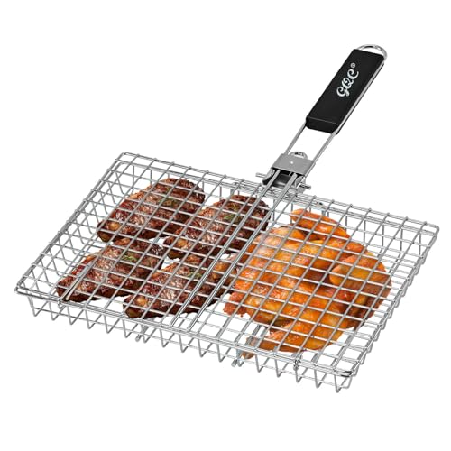 GQC Portable BBQ Grill Basket Fish Grill Baskets Folding Portable Fish Grilling Rack For Grill 12.6x8.82x 1.97Inch Heat-Resistant Handle Stainless Steel Grill Basket For Veggies Shrimp Meat Cook