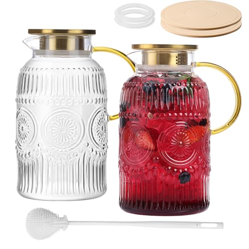 Set of 2 Vintage Glass Pitchers with Lid, 68oz/2L Borosilicate Glass Carafe for Iced Tea, Coffee, and Hot/Cold Drinks