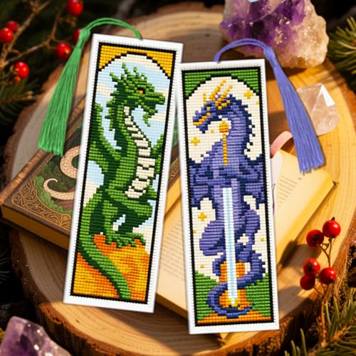 Image of ACRNIGHEET 6PCS Cross Stitch Bookmark Kit for Beginner Dragon Stamped Cross Stitch Kits Needlepoint Kit for Adults DIY Tassel Embroidery Bookmark Kits with Instructions Craft Gift 8.5''x3'' 11CT