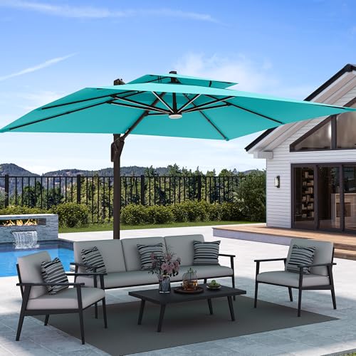 Image of 9' X 12' Patio Umbrella with Weighted Base and LED Lights Outdoor Cantilever Large Rectangle Offset Umbrellas Heavy Duty Aluminum Double Top with 360-degree Rotation for Pool Garden Deck, Turquoise