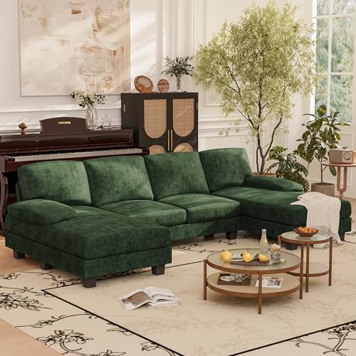 Homall Couches for Living Room, Sectional Sofa with Chenille Fabric, 4 Seat U Shaped Couch with Double Chaise for Home Furniture, Apartment (Fabric, Green)