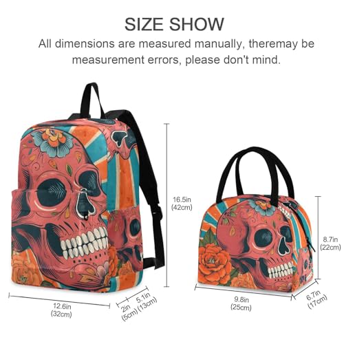 Backpack Lunch Bag Set Ethnic Skull Flower Print, Big Storage Travel Backpacks with Insulated Lunch Box for Office Hiking Picnic2