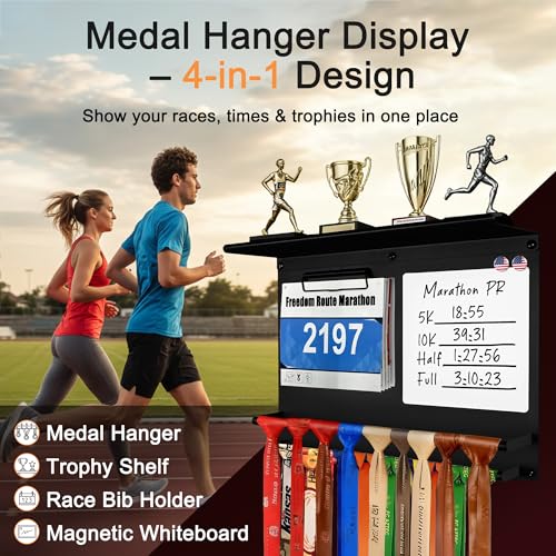 Image of Running Medal Hanger Display with Trophy Shelf, Race Bib Holder and Whiteboard, 2-Bar Medal Holder for 50+ Medals with Flag Magnets, Marker, Wall Mounted, Black
