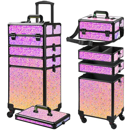 GALHUBIS Rolling Makeup Case, Makeup Train Case with Lid, 5 in 1 Cosmetology Case on Wheels, Christmas Gift, Large Makeup Case Organizers, Profesional Cosmetic Case for Salon Barber,Black Colorful