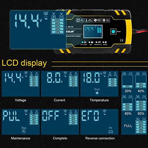 LabTEC 12V 8A 24V 4A Car Lead-Acid Battery Charger， 3-Stage Intelligent Automatic Battery Charger, 6 Charging Mode and LCD Screen, for Cars Trucks Motorcycles Lawn Mowers and Boats Lead Acid Battery