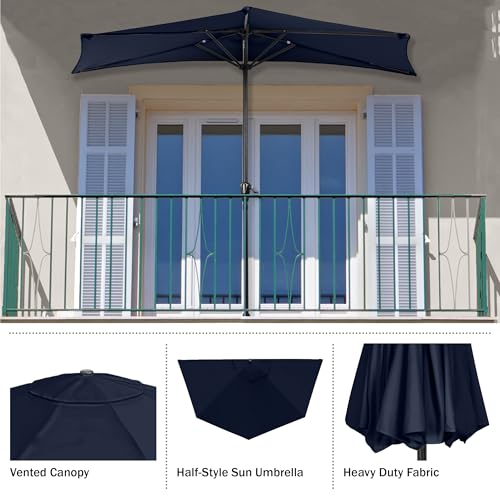 Image of Half Umbrella Outdoor Patio Shade - 9 ft Patio Umbrella with Easy Crank - Small Canopy for Balcony, Table, or Deck by Pure Garden (Navy Blue)