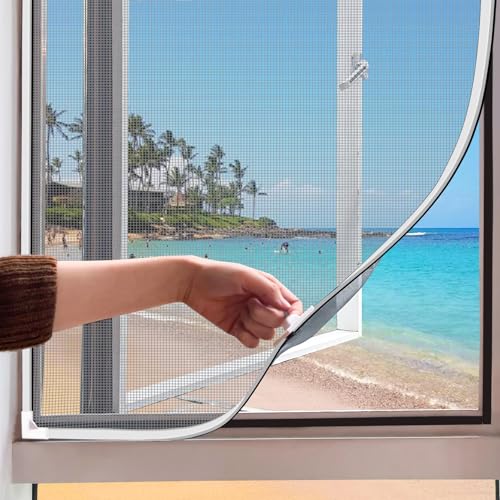 UtauHom Magnetic Window Screen, Adjustable DIY 47x51in Window Screen Replacement, White Frame Gray Fiberglass Mesh, No Drilling Easy Cut-to-Fit for Sliding/Swing/Top-Hung, Fits Wood/Iron/PVC Frames