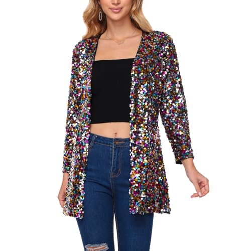 YYPBI Damen Pailetten Jacke Glitzer Blazer Elegant Offene Vorne Langarm Pailetten Cardigan Festliche Strickjacke Party Club Mehrfarbig S