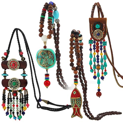 Bonuci 4 Pcs Long Boho Necklaces for Women Vintage Wooden Beaded Necklace Bohemian Handmade Turquoise Jewelry Gift(Vibrant Style)