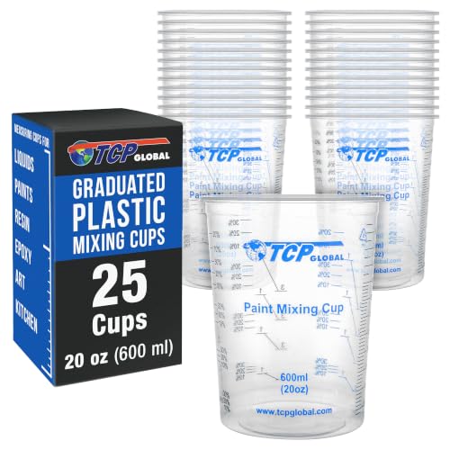 Image of TCP Global 20 oz. (600ml) Graduated Plastic Mixing Cups - Box of 25 - Disposable Plastic Measuring Cups for Liquids, Paints, Resin, Epoxy, Art, Kitchen - Ratios 2-1, 3-1, 4-1 ML