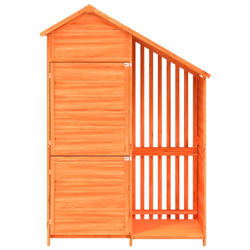 Szopa na narzędzia z litego drewna sosnowego, 120 x 53,5 x 170 cm, brązowa, z przeciwdeszczowym dachem na narzędzia ogrodowe i narzędzia, zorganizowana przestrzeń do przechowywania, wytrzymały domek