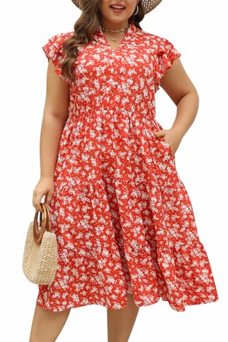 Image of Keluummi Plus Size Midi Dress for Curvy Women Wedding Guest Summer Floral Empire Waist Short Sleeve with Pockets