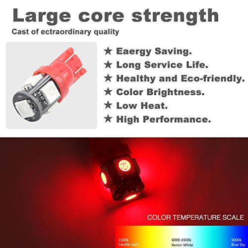 BOODLED 50-Pack 194 192 Red LED Bulb 12V,120LM 6000k Car Interior and Exterior T10 5SMD 5050 Chips Replacement For W5W 168 2825 Map Dome Courtesy License Plate Side Marker Light (50xH-T10-5050-5-R)