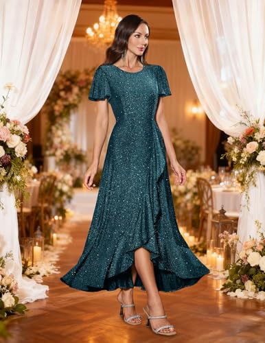 Image of BeryLove Women Sequin Formal Party Dress Flutter Short Sleeve Wedding Cocktail Long Evening Dress