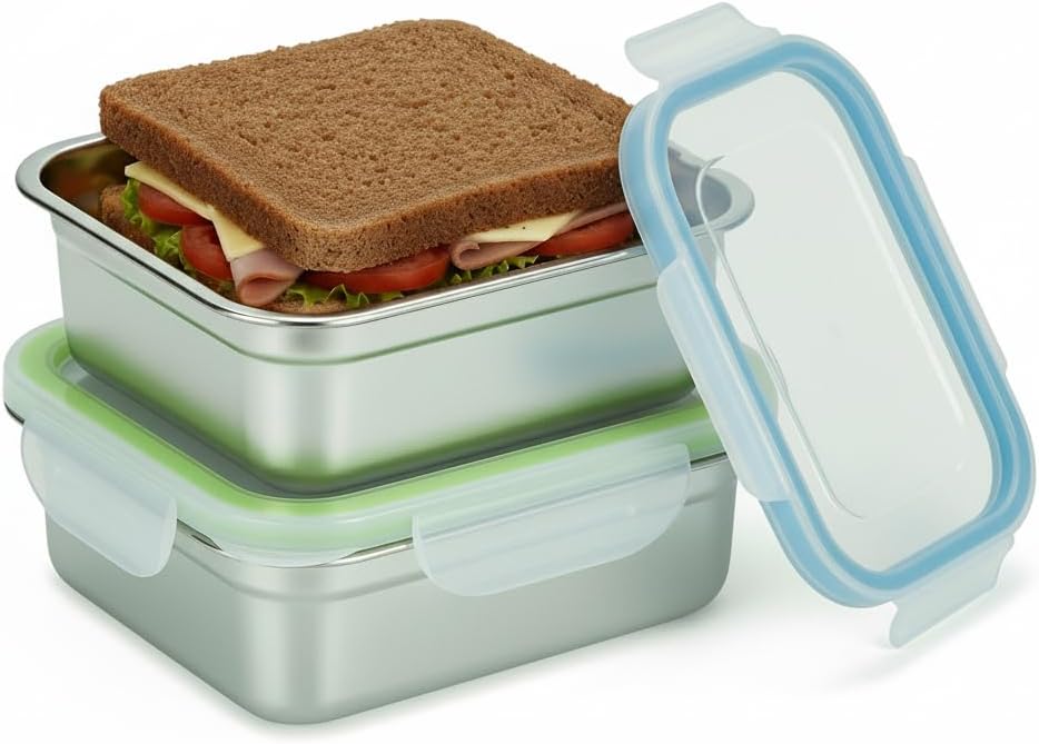 Set of 3 Stainless Steel Sandwich Containers - Food Grade Metal Base with a BPA Free, Leakproof & Airtight Sealed Lid. Great for Sandwiches, Snacks, Meal Prep & Food Storage - Sandwich Box.