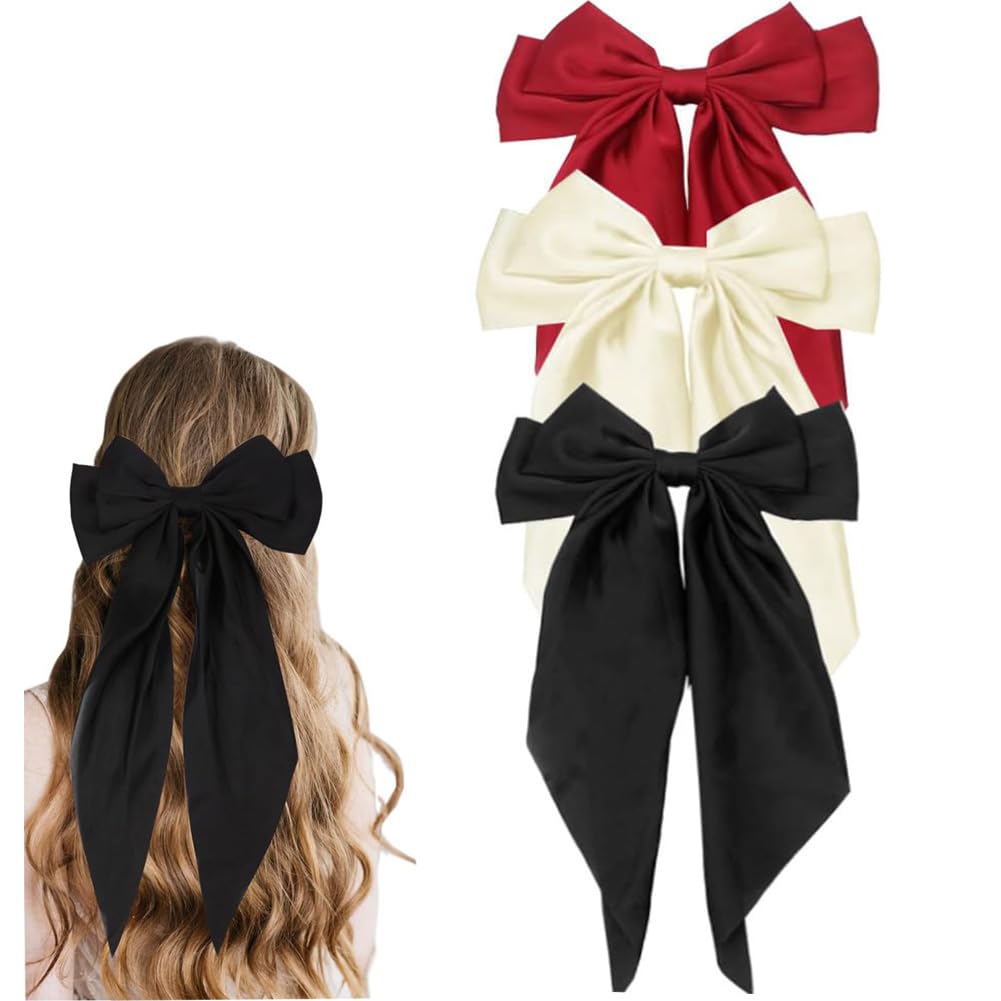 Hair Bows for Women Hair Bow Clips Hair Ribbons, 3Pcs Big Bow Hair Clips Oversized Long Tail Vintage Hair Bows Hair Accessories for Women (3 Pack/