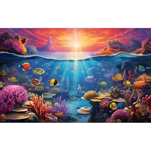 Under The Sea Aquarium Background Underwater Scene with Coral Reef Fish Tank Backdrop Tropical Plants Fishes Natural Ocean Underwater Sunset Seascape Terrarium Background Ocean Theme Backdrop 36x18in