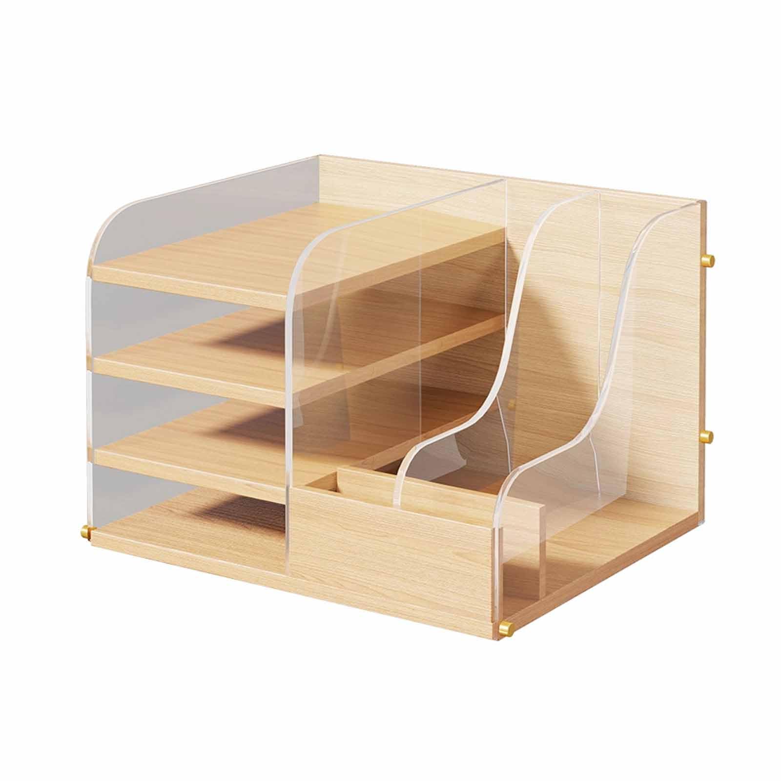 Estante De Almacenamiento De Escritorio De Madera Y Acrílico, Soporte Para Documentos De 4 Niveles Con Compartimento Lateral, Organizador De Escritorio Multicapa Para Papelería Y Suministros De