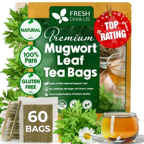 FreshDrinkUS, Premium 60 Mugwort Leaf Tea Bags, 100% Natural and Pure Mugwort Leaves. No Sugar, No Caffeine, No Gluten, Vegan.
