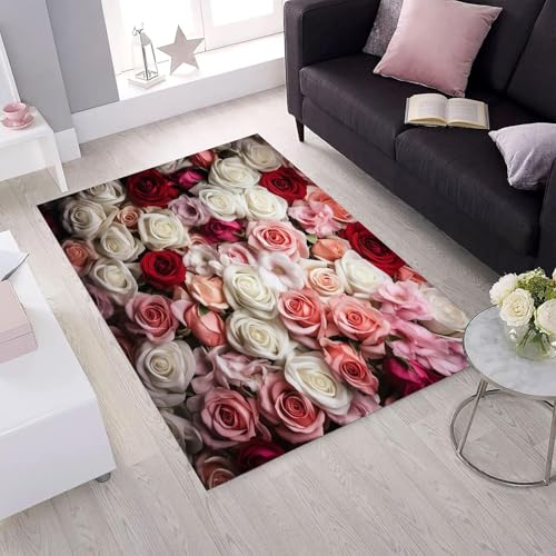 Tapis salon fleur rose 3D en polyester doux et antidérapant