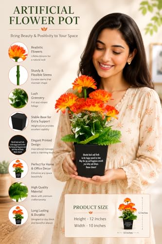 Image of Artificial Flower Pot with Orange Chrysanthemum, Lush Greenery, Inspirational Printed Black Pot, 30cm Height