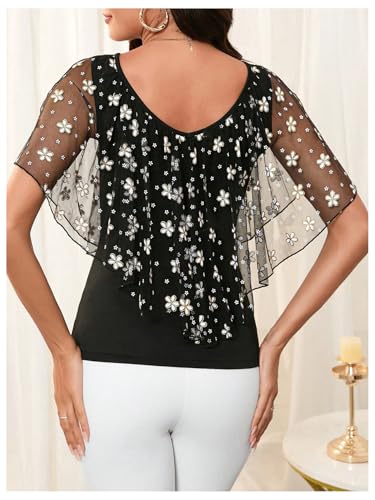 MakeMeChic Women's Floral Mesh Cold Shoulder Tees Top V Neck Cut Out Tee Shirt Tops2