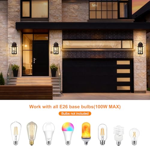 Image of OKELI 2-Pack Dusk to Dawn Exterior Lighting Fixture, Farmhouse Outdoor Wall Lights with Ripple Glass, Aluminum Porch Light Wall Mount, Anti-Rust Outside Wall Sconce for House, Garage(Brown)