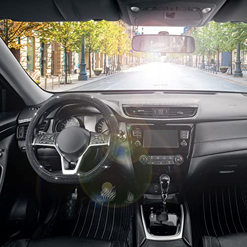 SEG Direct Diamond Flat Bottom Steering Wheel Cover, D Shaped Car Wheel Cover 14 1/2-15 in. (37-39 cm), Bling Sparkly Rhinestones, Black with Black Diamond