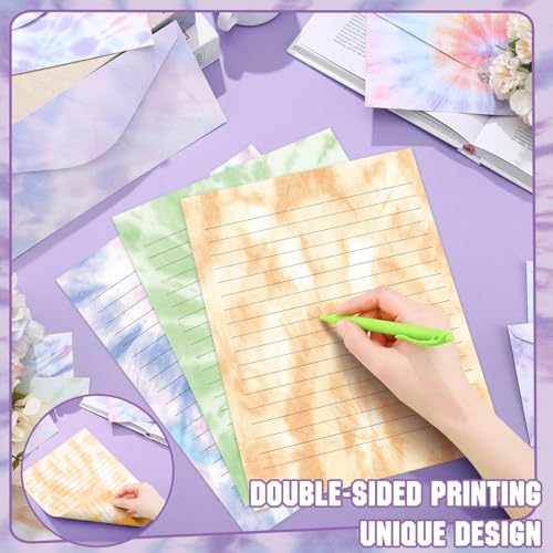 Image of TaoBary 160 Pcs Stationery Paper Set 50 Double Sided Stationery Papers with 50 Matching Envelopes and 60 Round Dot Sticker, 10 Design(Tie Dye,8.5 x 11 Inch)