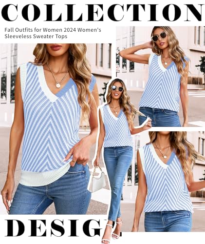 Image of MARZXIN Women Sleeveless Sweater V Neck Casual 2026 Fall Knitted Chevron V Neck Sweater Vest Color Block Pullover Sweater Top