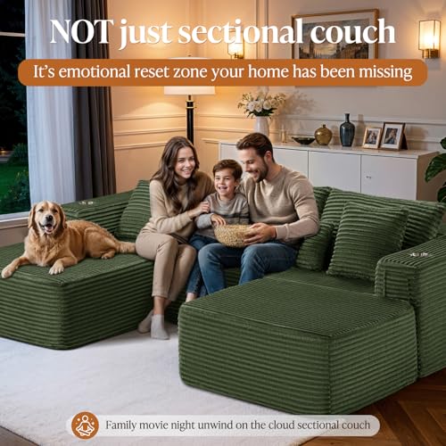 Image of Oversized 108 inch Cloud Sectional Couch, Comfort U Shaped Boneless Couch for Living Room, Extra Deep Seats No Assembly, Modular Sofa, Corduroy (Olive Green, 2 Seater+Left Facing Chaise+Ottoman)