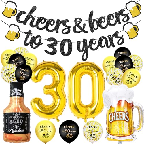 30th Birthday Decorations Birthday Decor for Men Women Happy 30 Balloon with Cheer Banner Number 30 Foil Balloon 30th Sign Black & Gold Balloons Champagne Cups Foil Balloon