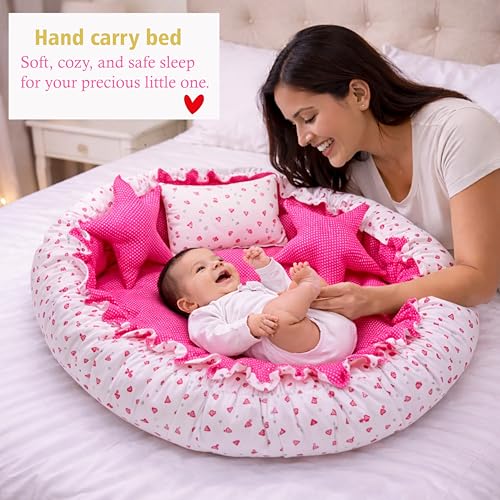 Image of Infantbond Baby Sleeping Essential Reversible Nest|Mattress With Net|Carry Bag(0-6 Months,Total Items:9) (Pink Heart),9 Count