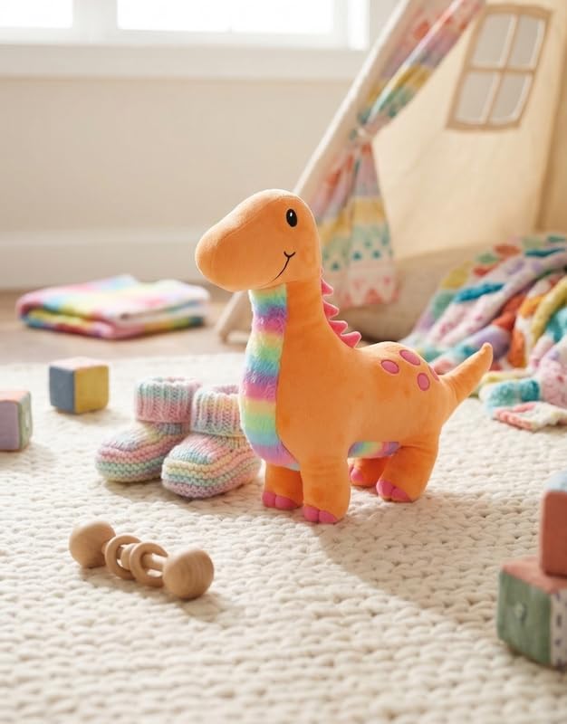 Image of HUG 'n' FEEL SOFT TOYS Orange Dinosaur Soft Toy - Cute Plush Dino Stuffed Animal Toy Figure for Kids, Boys & Girls | Birthday Gift & Room Decor