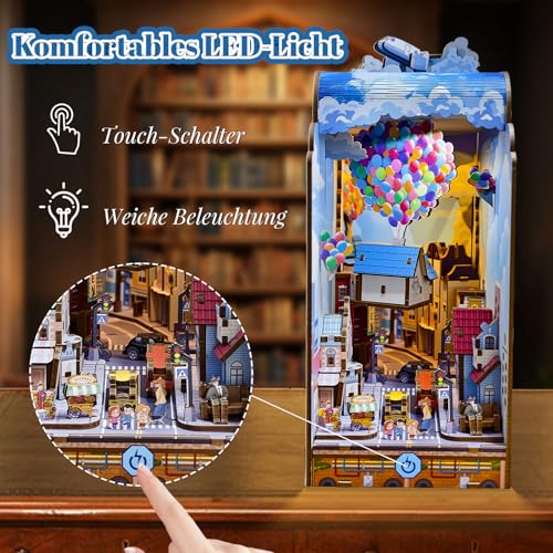 Booknook für Erwachsene und Teens, Luftballons Book Nook Kit, Ein Fliegendes Haus auf Weltreise DIY Miniature House mit Licht, 3D Puzzle Booknook 203PCS Holzpuzzle Erwachsene Geburtstagsgeschenk