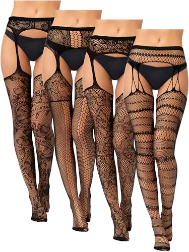 Bencailor 4 Pairs Women Fishnet Thigh High Stockings Suspender Patterned Tights Black Garter Belts Pantyhose Tights for Women
