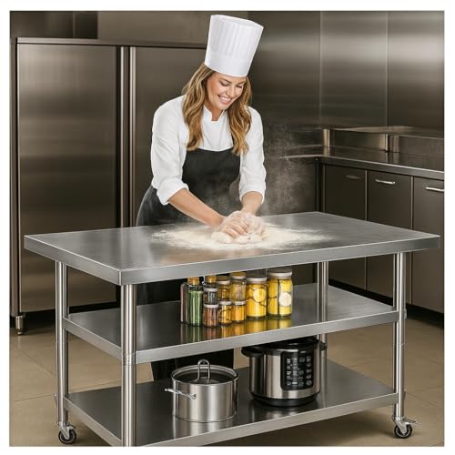 Image of Stainless Steel Table with Wheels for Food Preparation and Work, Multi-Size Optional, Three-Layer Variable Two-Layer Metal Commercial Workbench Outdoor, Restaurant, Kitchen (48 inch Lx32 Wx34 H)