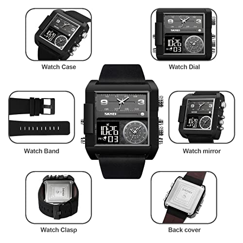 SKMEI Men's Square Watch, LED Backlight Large Screen MultiTime Zone