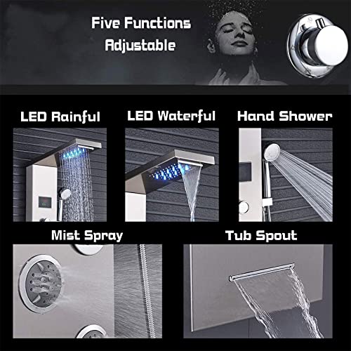 Cheersoon Led Shower Panel,Stainless Steel Shower Tower System With Auto Thermostatic Valve,Wall-Mount Complete Shower Column With 5 Function,Brushed Nickel #TOP1