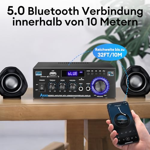 Image of KKMOL - Hifi Stereo Amplifier, AK45 Mini Bluetooth Radio Audio Amplifier Receiver, Wiimp Amp, 12V /220V, 400W, 2 Channels, Digital Sound Amplifier with USB, SD Card, Remote Control