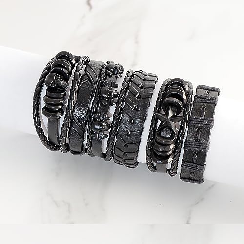 6 Piezas Pulsera de Cuero Trenzado para Hombre Punk miniatura 2