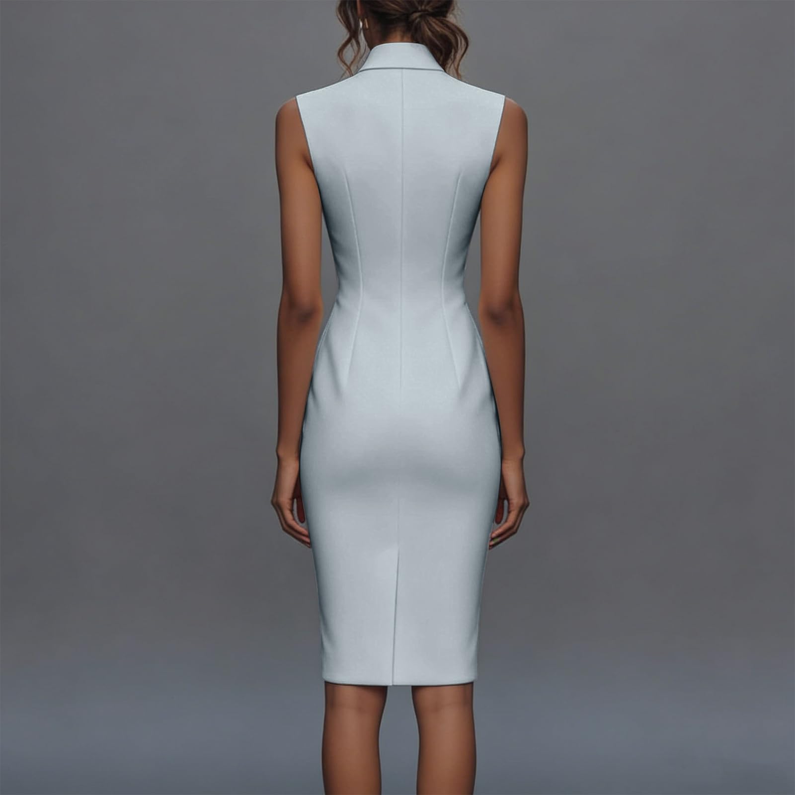 Etuikleid Damen Elegant Knielang Cocktailkleid Damen A Linie Business Abendkleid mit Gürtel Bodycon Kleid Sommer Stehkragen Ärmellos Sommerkleid Frauen Leicht Midikleid mit Taschen