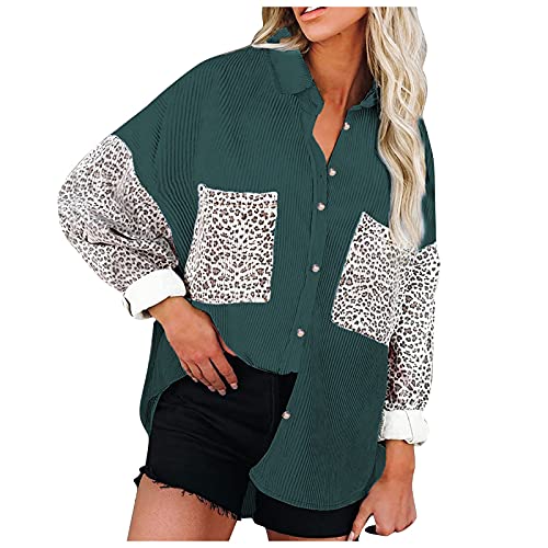 LANGJIAO Gut aussehend Leopard Drucken Reversjacke zum Frauen Lose Beiläufig Mantel Lange Ärmel Freund Stil (Grün,M) Cover